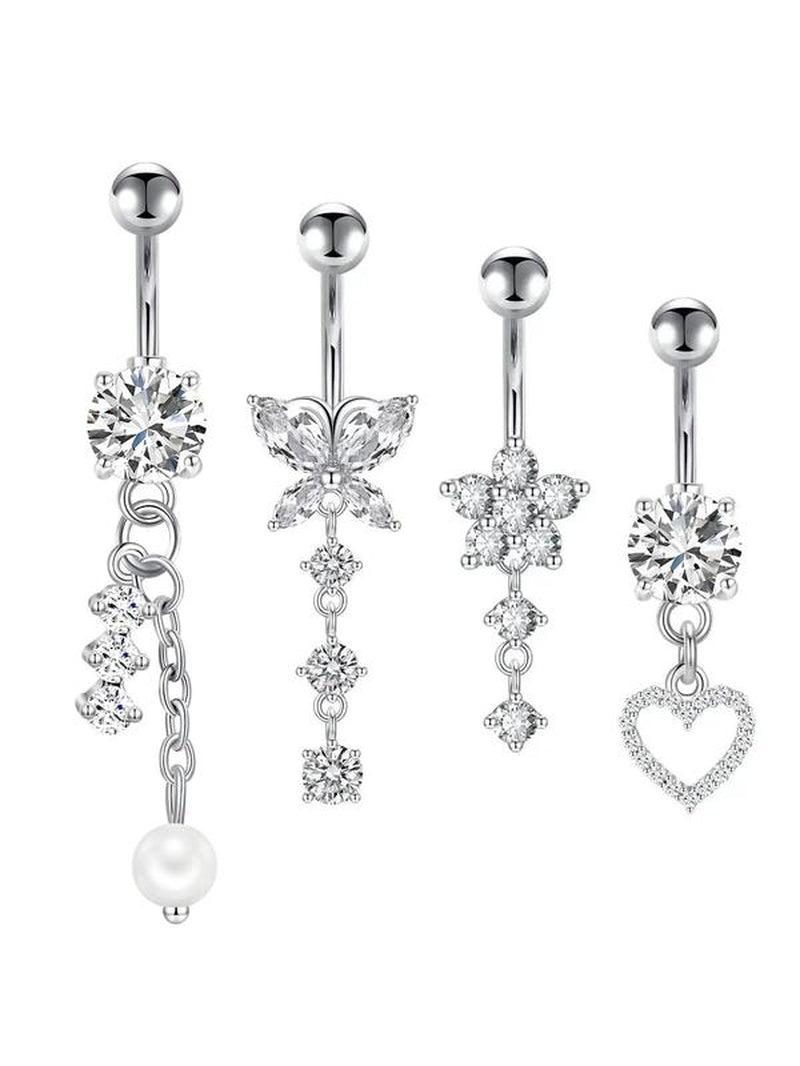 4Pcs Unisex Elegant Trendy Rhinestones Decorated Piercing Stainless Steel Body Jewelry, Exquisite Belly Button Ring, Fashionable Body Jewelry for Women & Men