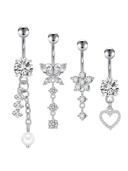 4Pcs Unisex Elegant Trendy Rhinestones Decorated Piercing Stainless Steel Body Jewelry, Exquisite Belly Button Ring, Fashionable Body Jewelry for Women & Men
