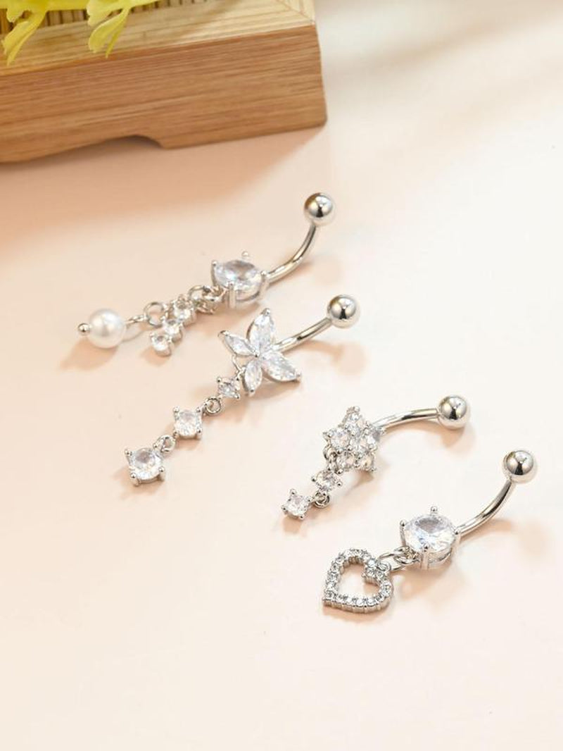 4Pcs Unisex Elegant Trendy Rhinestones Decorated Piercing Stainless Steel Body Jewelry, Exquisite Belly Button Ring, Fashionable Body Jewelry for Women & Men