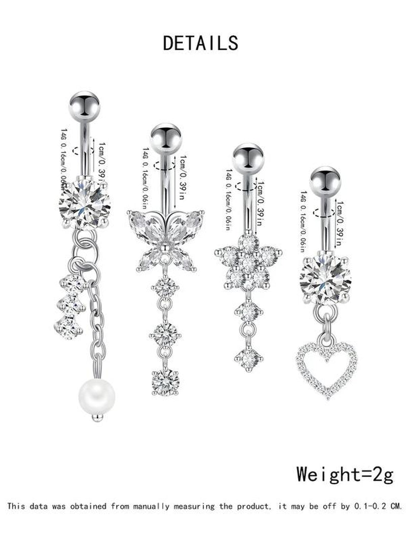 4Pcs Unisex Elegant Trendy Rhinestones Decorated Piercing Stainless Steel Body Jewelry, Exquisite Belly Button Ring, Fashionable Body Jewelry for Women & Men