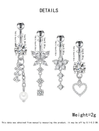 4Pcs Unisex Elegant Trendy Rhinestones Decorated Piercing Stainless Steel Body Jewelry, Exquisite Belly Button Ring, Fashionable Body Jewelry for Women & Men