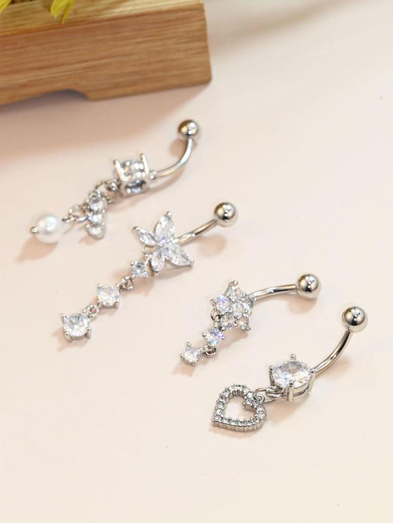 4Pcs Unisex Elegant Trendy Rhinestones Decorated Piercing Stainless Steel Body Jewelry, Exquisite Belly Button Ring, Fashionable Body Jewelry for Women & Men