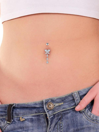 4Pcs Unisex Elegant Trendy Rhinestones Decorated Piercing Stainless Steel Body Jewelry, Exquisite Belly Button Ring, Fashionable Body Jewelry for Women & Men