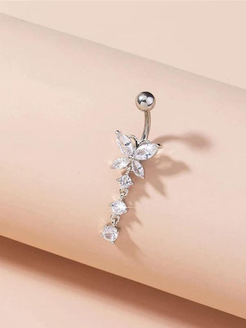 4Pcs Unisex Elegant Trendy Rhinestones Decorated Piercing Stainless Steel Body Jewelry, Exquisite Belly Button Ring, Fashionable Body Jewelry for Women & Men
